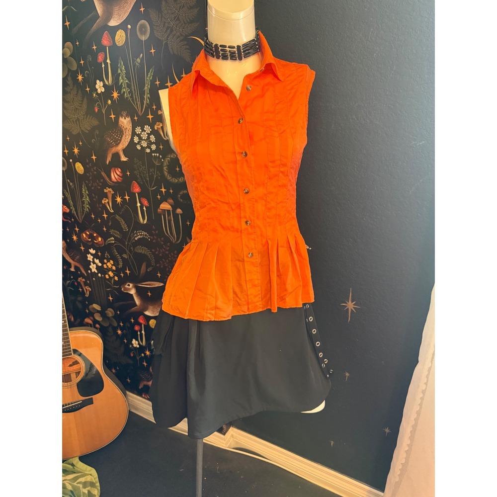 Isaac Mizrahi for Target Orange Silk Blend Pleated Peplum Sleeveless Blouse M